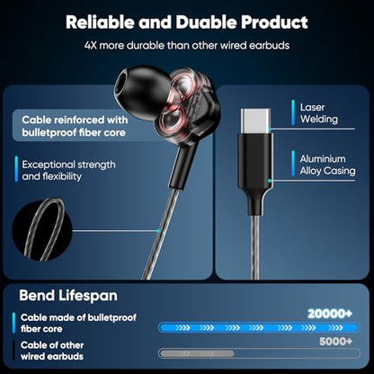 USB-C Wired In-Ear Earbuds with Mic, Dual Driver for Hi-Fi Stereo Sound