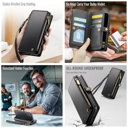 Defencase for Samsung Galaxy S24 Wallet Case with RFID Card Holder, Black | Durable Soft PU Leather, with Zipper Pocket, Wrist Strap, Fashion Snap Flip S24 Phone Cases Cover with Stand for Women Men - color: Black