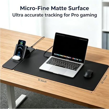 15W Wireless Charging Mouse Pad 31.5"x15.75", Double-Sided Faux Leather - color: Folding-Black