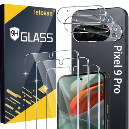letosan 3 Pack for Google Pixel 9 Pro Screen Protector Tempered Glass + 3 Pack Camera Lens Protector, Military Grade Shatterproof, 9H Hardness, Fingerprint Unlock,Case Friendly 6.3 Inch - size: Pixel 9 Pro 6.3 Inch