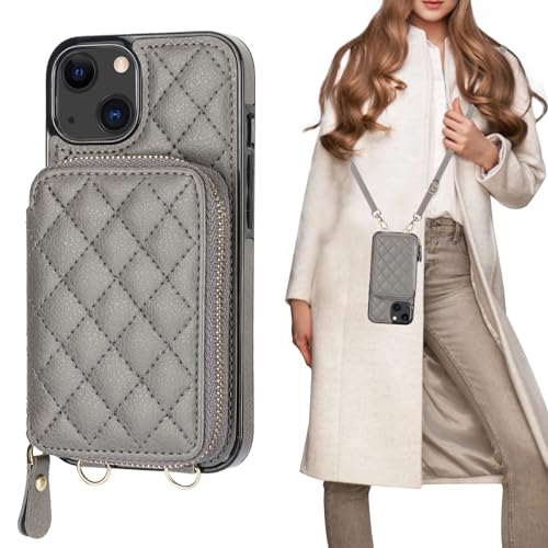 Bocasal Crossbody Wallet Case Card Holder for iPhone 13, Grey | RFID Blocking PU Leather Zipper Handbag Purse, Kickstand Flip Folio Case with Card Slots Holder Wrist Strap Lanyard 6.1 Inch - color: Gray
