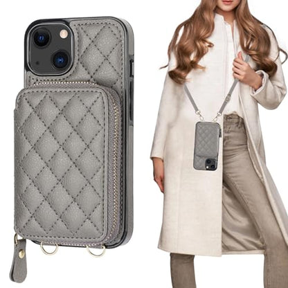 Bocasal Crossbody Wallet Case Card Holder for iPhone 13, Grey | RFID Blocking PU Leather Zipper Handbag Purse, Kickstand Flip Folio Case with Card Slots Holder Wrist Strap Lanyard 6.1 Inch - color: Gray