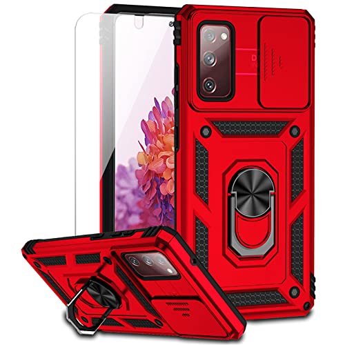 for Samsung Galaxy S20 FE 5G Case with Camera Lens Cover HD Screen Protector, Military-Grade Drop Tested Magnetic Ring Holder Kickstand Protective Phone Case for Samsung Galaxy S20 FE 5G (Red) - color: Red with camera cover Military-Grade 2nd gen