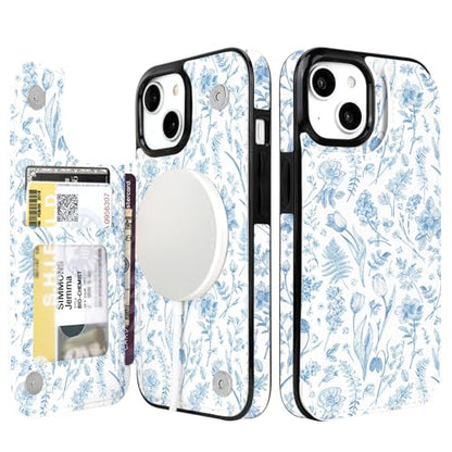 uCOLOR for iPhone 13/14 Wallet Case Magsafe with Card Holder Slot | Compatible with MagSafe,Folio Flip PU Leather Magnetic RFID Design with Camera Lens Protector, Blue Toile Flowers - color: Blue Toile Flowers