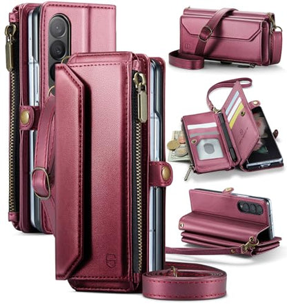 Strapurs Crossbody Wallet Case Compatible with Samsung Galaxy Z Fold 3 with RFID Blocking Card Holder & Pen Holder Slot Soft PU Leather Shoulder Strap Zipper Pocket Purse Fold 3 Phone Case, Wine Red | RFID Blocking 5-Card Holder, Shoulder Lanyard, Wirst S
