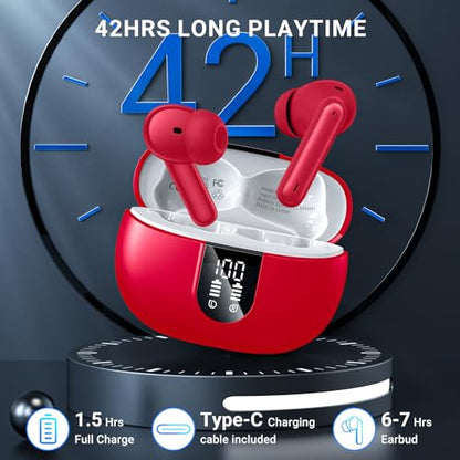 Wireless Earbuds, 2024 Wireless Headphones HiFi Stereo Earphones with 4 ENC Noise Canceling Mic, 42Hs Playtime In Ear Earbud, Bluetooth 5.3 Sport Earphones with LED Power Display for Android iOS Red - color: Red
