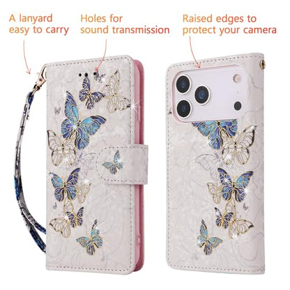UEEBAI Wallet Case for iPhone 17 Pro Max, Leather Phone Cover Kickstand RFID Blocking Flip Case Card Slots Wrist Strap Relief Engraved Pattern Magnetic Closure Flower Folio Wallet, Blue Butterfly - color: Blue Butterfly, size: iPhone 17 Pro Max