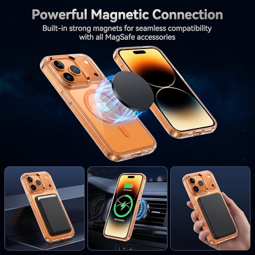 for iPhone 17 Pro Max Clear Case with Electroplated Camera Ring & Buttons, MagSafe Compatible, Military-Grade Shockproof, Anti-Yellowing Slim Transparent Cover - color: Orange