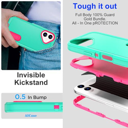 AICase for iPhone 16 Case with Built-in Stand,Tripe Layer Heavy Duty Drop Protection Full Body Rugged Shockproof Military Protective Tough Durable Phone Cover for iphone16 6.1"_3 - color: Water Blue/Pink with Built-in Stand