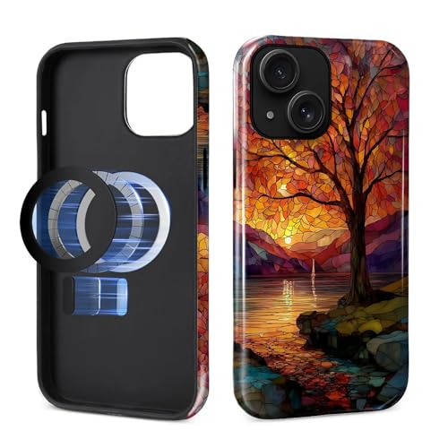 Magnetic Phone Case for iPhone 13/14,Compatible with MagSafe,Durable 2 Layers Full Covered Shockproof Protective Cover-Stained Glass Sunrise Fall Leaves - color: Stained Glass Sunrise Fall Leaves, size: iPhone 13/14