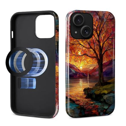 Magnetic Phone Case for iPhone 13/14,Compatible with MagSafe,Durable 2 Layers Full Covered Shockproof Protective Cover-Stained Glass Sunrise Fall Leaves - color: Stained Glass Sunrise Fall Leaves, size: iPhone 13/14
