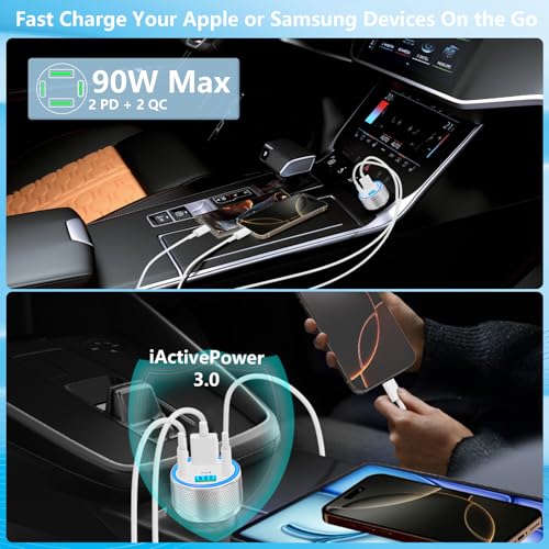 KYOHAYA 2Pack 90W USB C Car Charger, 4-Port Dual USB-C & USB-A Car Charger - color: Polished Silver