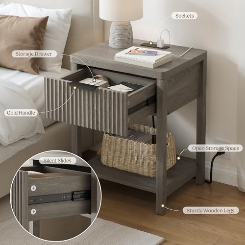 Night Stand Set 1, Fluted Wood Bedside Table w/Socket Station for Bedroom - color: Dark Grey, size: 1 Drawer-Set of 1 Nightstand