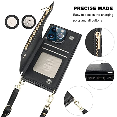 Bocasal Crossbody Wallet Case for iPhone 13 Pro with RFID Blocking Card Slot Holder, Magnetic Flip Folio Purse Case, PU Leather Zipper Handbag with Detachable Lanyard Strap 6.1 Inch 5G (Black) - color: Black