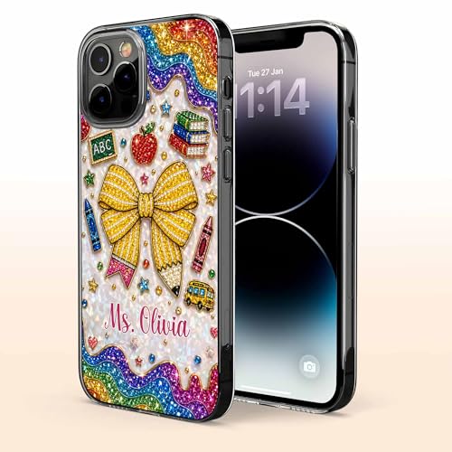 Teaching is A Work of Heart Pencil Bow and Apple - Personalized Clear Phone Case Cute Teacher Appreciation Week Gift Back to School Protective Cover for Women