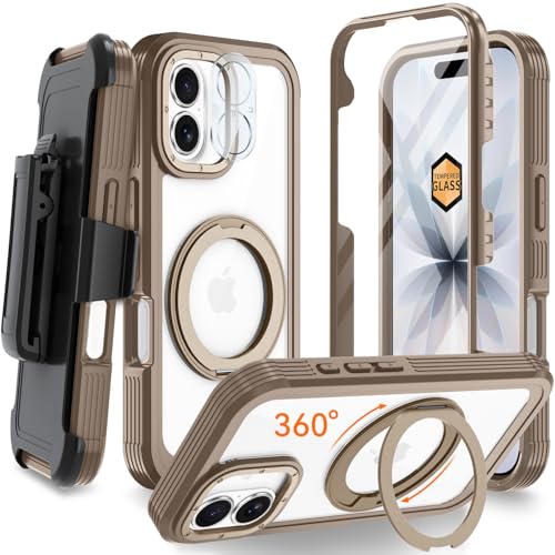Magnetic for iPhone 17 Case, Compatible with MagSafe, Full Body Rugged Case with Built-in Screen Protector & Kickstand & Belt-Clip (Gold) - color: Gold