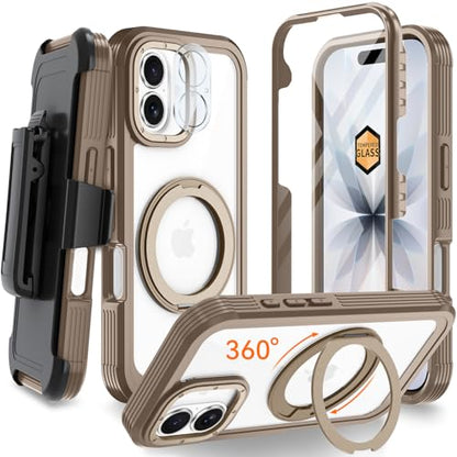 Magnetic for iPhone 17 Case, Compatible with MagSafe, Full Body Rugged Case with Built-in Screen Protector & Kickstand & Belt-Clip (Gold) - color: Gold