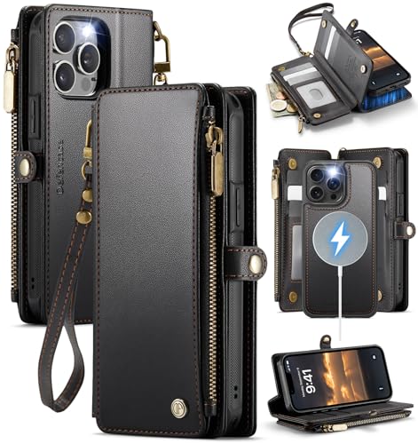 Defencase for iPhone 13 Pro Case Wallet Compatible with Magsafe, Black | Drop-Proof Magnetic Detachable Phone Cases Cover, with RFID Bolcking Card Holder, Zipper Strap, PU Leather, Removable Wallet - color: (Detachable with Magsafe)-Black