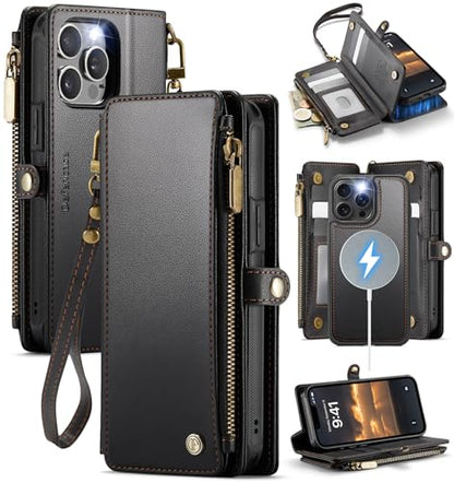 Defencase for iPhone 15 Pro Case Wallet Compatible with Magsafe, Black | Drop-Proof Magnetic Detachable Phone Cases Cover, with RFID Bolcking Card Holder, Zipper Strap, PU Leather, Removable Wallet - color: (Detachable with Magsafe)-Black