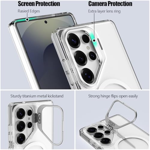 Nvollnoe for Samsung S25 Ultra Case Compatible with MagSafe Military Grade Shockproof Heavy Duty Protective Adjustable Kickstand Matte Semi Clear Phone Cover for Samsung S25 Ultra(Clear) - color: Clear