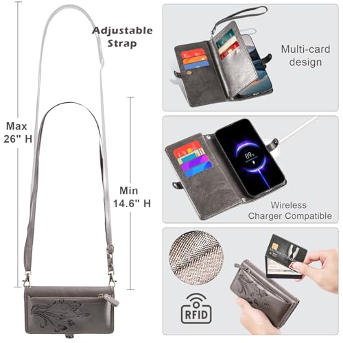 for Google Pixel 9 Pro XL/10 Pro XL Case Wallet,RFID Blocking Card Holder Zipper Leather Flip Cover Crossbody Wrist Strap with Stand (Floral Gray) - color: Floral Gray