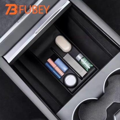 Tesla Model Y Juniper Center Console Organizer Tray 5-Piece Set, 2025 2026 Model Y Armrest Storage Box & Hidden Lower Tray, Secret Privacy Compartment, Non-Slip ABS Insert - Black - style: Storage Box Model Y Juniper
