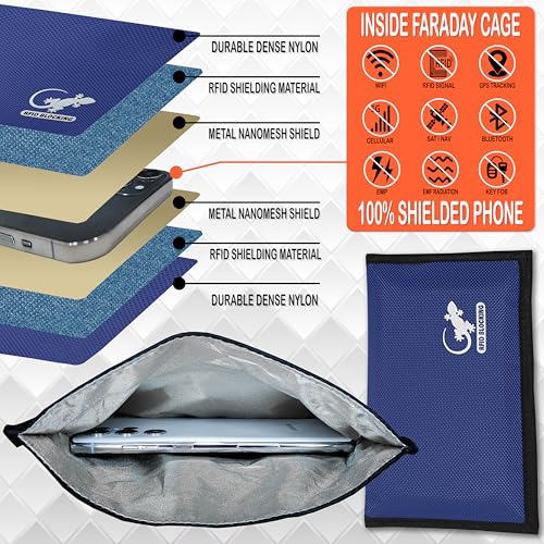 Gecko Travel Tech Faraday Bag Anti-Tracking GPS RFID Car Key Signal Blocker Wallet Shielding Pouch Protective Case for Cell Phone Car Key FOB, Data Privacy, Electronic Device Security (BLUE - NYLON) - color: BLUE - NYLON