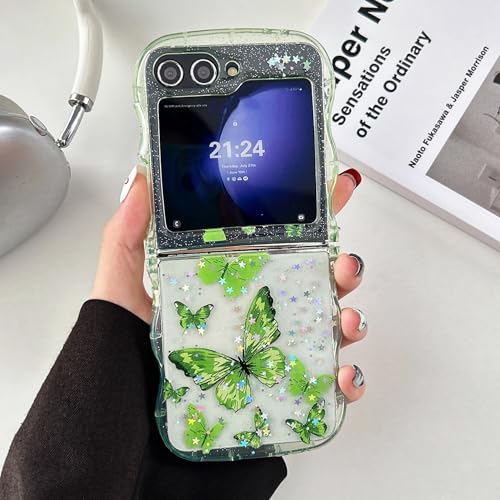 UEEBAI Wave Butterfly Case for Samsung Galaxy Z Flip 7 5G Case, Pretty Bling Star Butterfly Cute Shiny Glitter Phone Cover for Girls Bling Clear Cover Curly Shockproof Girly - Green - color: Green, size: Z Flip 7 5G