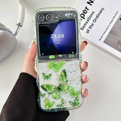 UEEBAI Wave Butterfly Case for Samsung Galaxy Z Flip 5/Z Flip 6/Z Flip 7 FE 5G Case, Pretty Bling Star Butterfly Cute Shiny Glitter Phone Cover Bling Clear Cover Curly Shockproof Girly - Green - color: Green, size: Z Flip 7 FE/Z Flip 6/Z Flip 5 5G