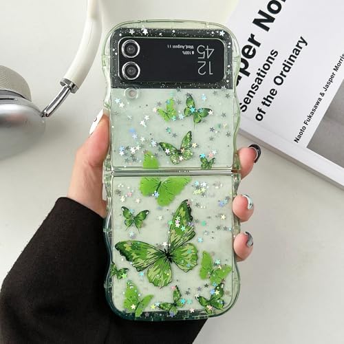 UEEBAI Wave Butterfly Case for Samsung Galaxy Z Flip 3/Z Flip 4 5G Case, Pretty Bling Star Butterfly Cute Shiny Glitter Phone Cover for Girls Bling Clear Cover Curly Shockproof Girly - Green - color: Green, size: Z Flip 3/Z Flip 4 5G