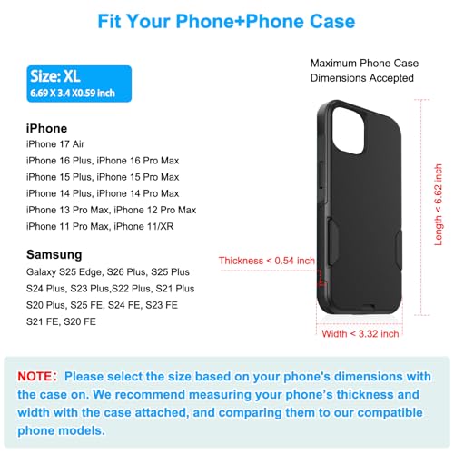 ykooe Cell Phone Pouch Nylon Belt Holster Case Compatible with iPhone 17 Air, 16/15/14/13/12/11 Pro Max & Plus, Samsung Galaxy S26/S25/S24/S23/S21 Plus and FE Models (No Clip), Black–XL - color: Black, size: XL