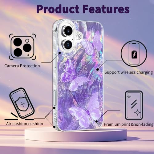 Compatible with iPhone 17 Case,with [Shockproof Protective][Camera Protection] Cute Butterfly Aesthetic Phone Cover Anti-Yellowing Soft Slim Cover for Women Girl-Purple - color: Purple Butterfly, size: iPhone 17
