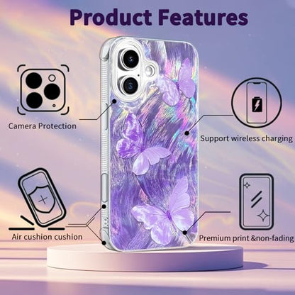 Compatible with iPhone 17 Case,with [Shockproof Protective][Camera Protection] Cute Butterfly Aesthetic Phone Cover Anti-Yellowing Soft Slim Cover for Women Girl-Purple - color: Purple Butterfly, size: iPhone 17