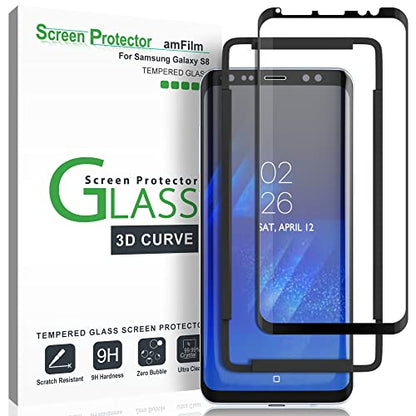 amFilm Glass Screen Protector for Samsung Galaxy S8, 3D Curved Tempered Glass, Dot Matrix with Easy Installation Tray, Case Friendly (Black) - size: Galaxy S8