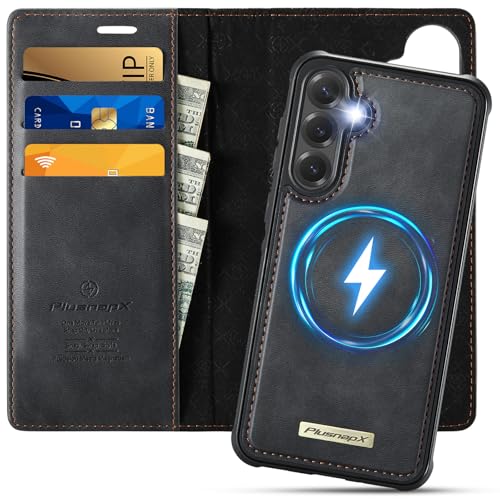 for Samsung Galaxy S25 5G 2in1 Detachable Wallet Case, Black | Compatible with Magsafe, Magnetic, RFID Blocking Card Holder, Shockproof, Kickstand, Wireless Charging, PU Leather Flip Cover - color: Retro Black, size: Galaxy S25 - 6.2"