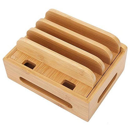 Oumefar Bamboo Multi-Device Stand Holder Charging Station Phone Tablet Charger Organizer 4 in 1 Charging Station for Multiple Devices for Meeting Rooms Restaurants Hotels and Homes