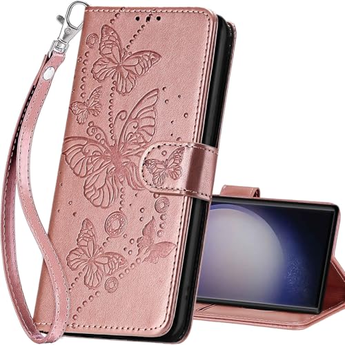 for Samsung Galaxy S24 Ultra Wallet case, Rose Gold-Butterfly | 3 Card Holders, Kickstand, Shockproof TPU Shell, PU Leather, Magnetic Closure, Protective Flip Folio Cover, Women - color: 6