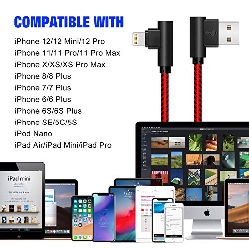 APFEN 90 Degree [3-Pack] 10FT/3M Heavy Duty iPhone Gaming Charger Cable Compatible with iPhone Xs Max/XS/XR/7/7Plus/X/8/8Plus/6S/6S Plus/SE (Black Red, 10FT) - color: Black