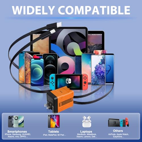 2-in-1 Compatible with 120w Fast Charger, 2025 New Retractable Wall Fasts Charging Power Adapter with All in One Foldable Plug, Multi-Functional Fast Smart Charger for Phone, Tablet, Laptops (Orange) - color: Orange