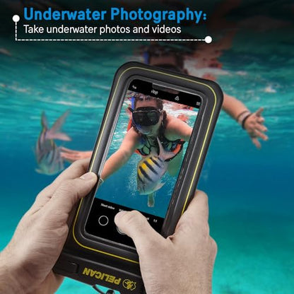 Pelican Marine Waterproof Phone Pouch (Regular) -Black/Hi-Vis Yellow | Touchscreen IP68 Floating Waterproof Phone Case w/Detachable Lanyard - Fits All Phones - Beach Cruise Ship Travel Essentials - color: Black/Neon - 1 Pack - Regular, size: Regular, styl