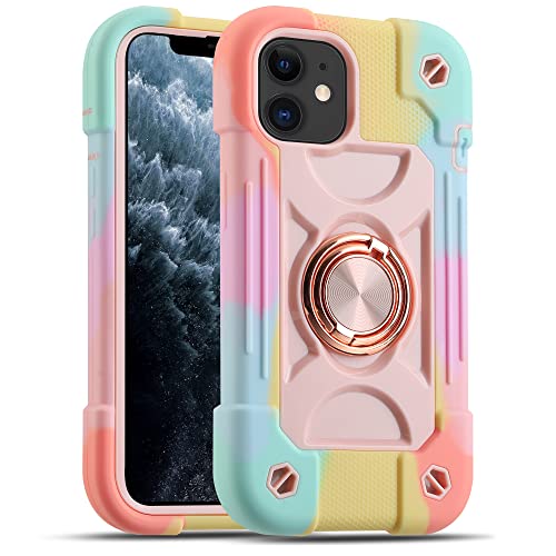 MARKILL Compatible with iPhone 11 Case 6.1 Inch with 360°Rotate Ring Stand, Military Grade Drop Protection Full Body Rugged Heavy Duty Case 3 in 1 Protective Cover - color: Rainbow Pink, size: iPhone 11 6.1"