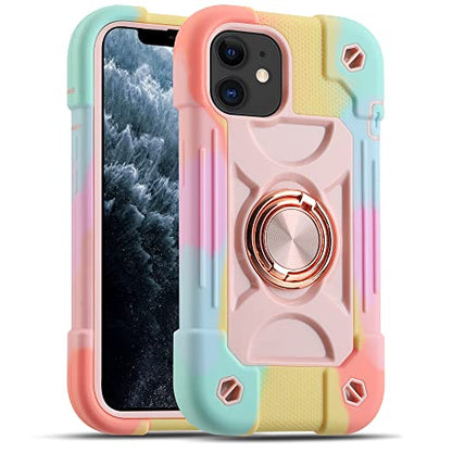 MARKILL Compatible with iPhone 11 Case 6.1 Inch with 360°Rotate Ring Stand, Military Grade Drop Protection Full Body Rugged Heavy Duty Case 3 in 1 Protective Cover - color: Rainbow Pink, size: iPhone 11 6.1"