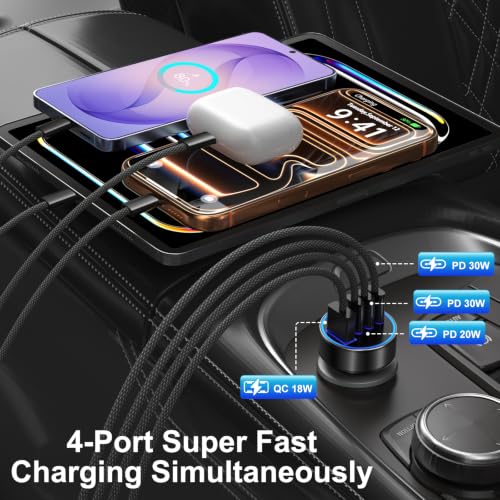 Car Charger USB C,4-Port 98W Super Fast Charging Car Phone Charger Adapter - color: Black