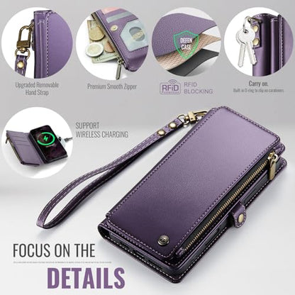 Defencase for iPhone 14 Plus Wallet Case with RFID Card Holder, Purple | Durable Soft PU Leather, with Zipper Pocket, Wrist Strap, Fashion Snap Flip Phone Cases Cover with Stand for Women and Men - color: Purple