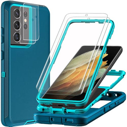 for Samsung Galaxy S21 Ultra Case with 2Pcs Self Healing Flexible TPU Screen Protector & Camera Lens Protector, 3 in 1 Heavy Duty Shockproof/Drop Proof/Dust Proof Case (Blue/Turquoise) - color: Blue/Turquoise