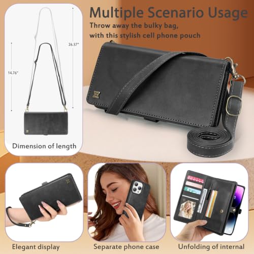 for Wallet Case Compatible with iPhone 14 Pro Max,Multi-Function Detachable 2 in 1 Magnetic iPhone 14ProMax Case Wallet,Flip Strap Zipper Card Holder Phone Case with Shoulder Strap(Darkgray) - color: DarkGray, size: iPhone 14 pro max