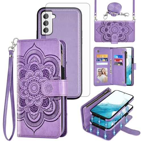Asuwish Phone Case for Samsung Galaxy S22 5G Zipper Wallet Detachable Cell Cover with Tempered Glass Screen Protector Crossbody Strap Flower Card Holder Slot S 22 22S 4G G5 6.1 inch Women Girls Purple - color: Purple