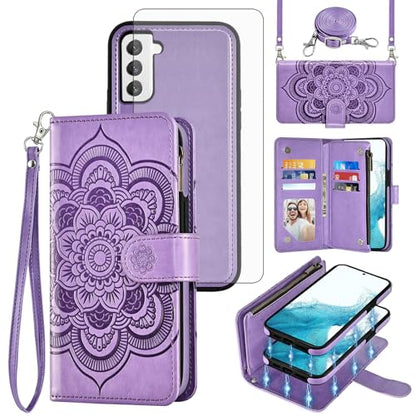 Asuwish Phone Case for Samsung Galaxy S22 5G Zipper Wallet Detachable Cell Cover with Tempered Glass Screen Protector Crossbody Strap Flower Card Holder Slot S 22 22S 4G G5 6.1 inch Women Girls Purple - color: Purple