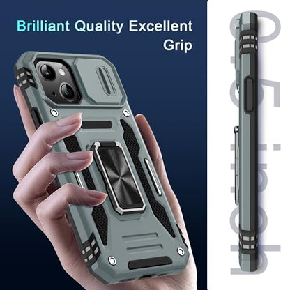 DEERLAMN Case for iPhone 15 with Slide Camera Cover + Screen Protector (2 Packs), Rotated Ring Kickstand Military Grade Shockproof Protective Cover-Grey - color: Grey