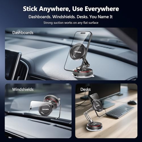 SYNCWIRE for MagSafe Car Mount [3-Axis] Nano Adhesive Gel + Strong Suction Cup Magnetic Phone Holder for Dashboard & Windshield, 360° Adjustable for iPhone 17 16 15 14 13 12, Samsung, Matte Black - color: Black